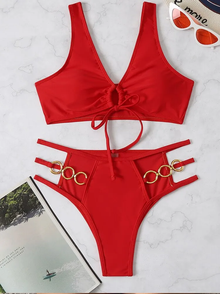 Sexy Micro Bikini Set Hollow Out Chain Decor Push Up Solid Color Swimsuit