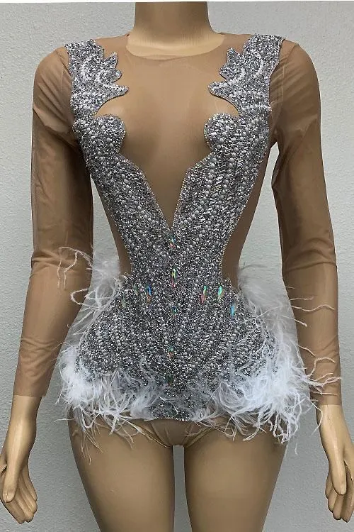 Siella Rhinestone Feather Bodysuit (Ready To Ship)