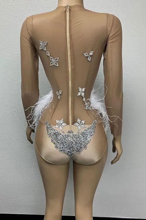 Siella Rhinestone Feather Bodysuit (Ready To Ship)