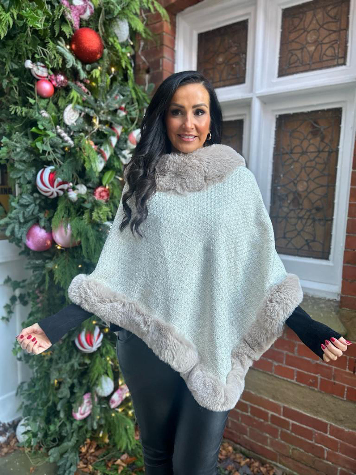 Stone Faux Fur Shimmer Poncho