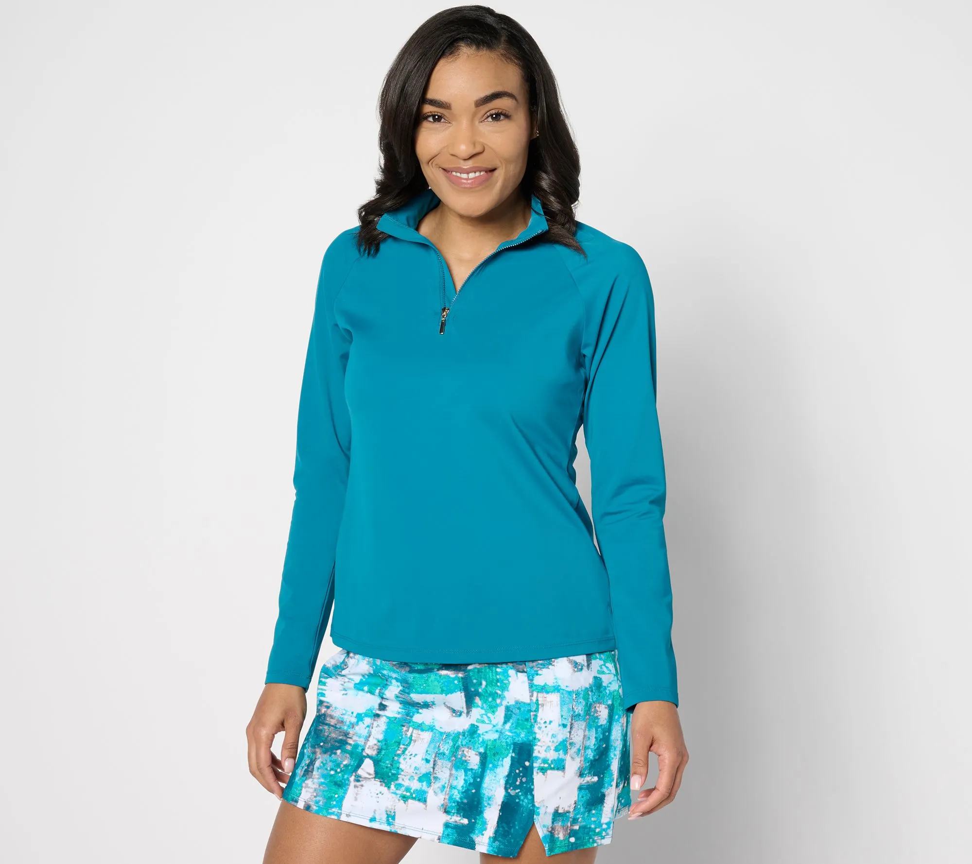 Susan Graver Soleil Rashguard Set with Swim Skirt