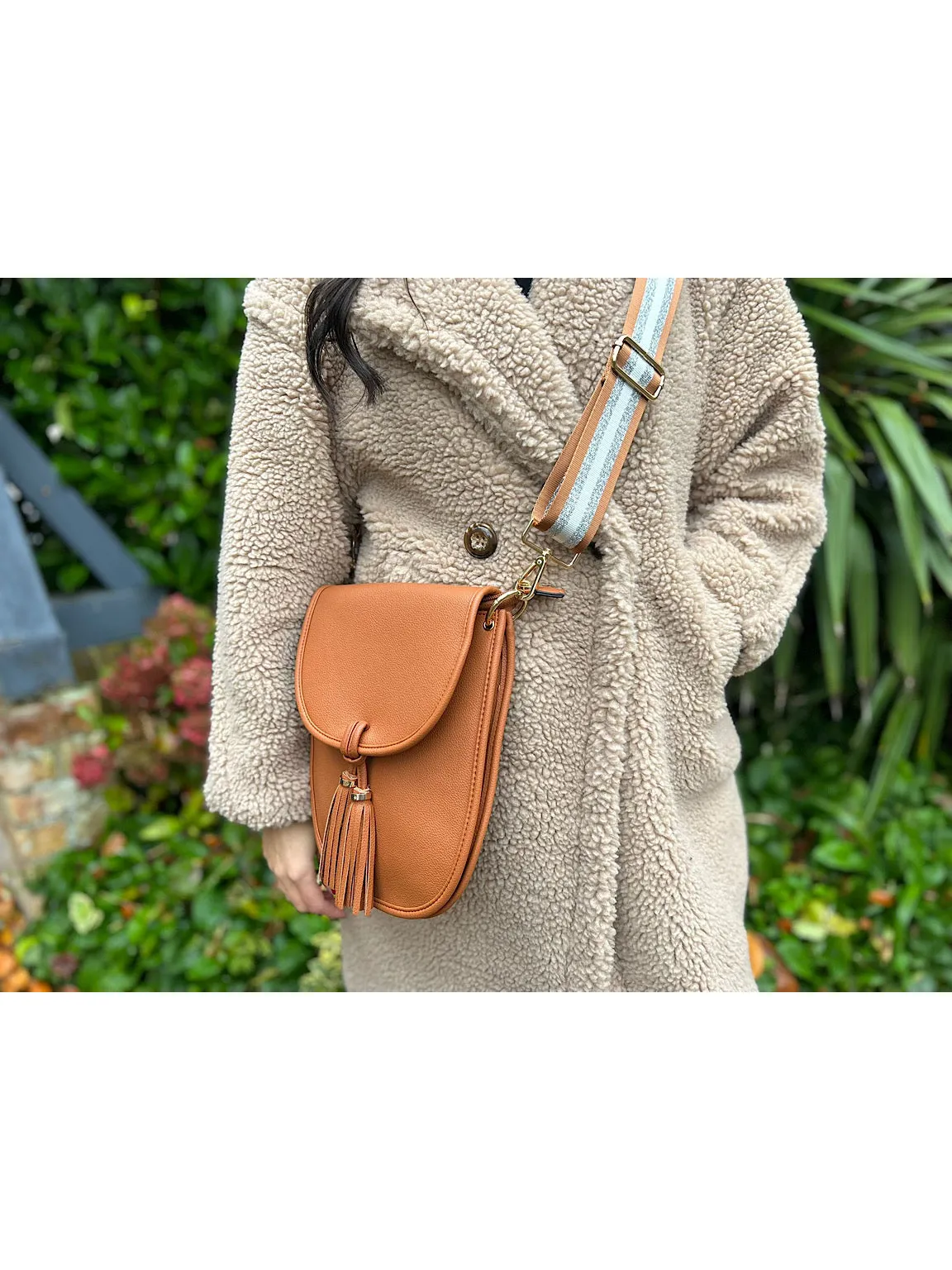 Tan Strap Detail Tassel Bag