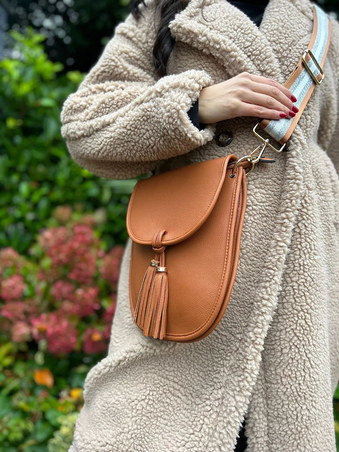 Tan Strap Detail Tassel Bag