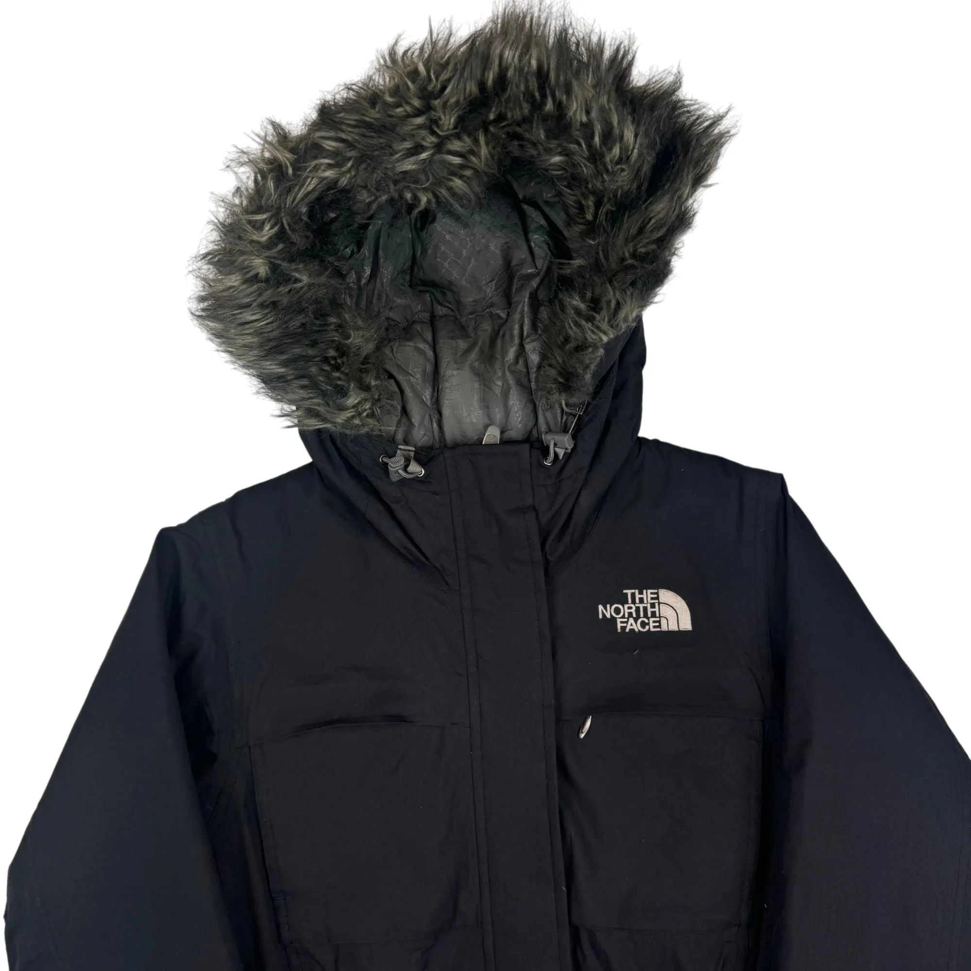 The North Face Black Goose Down Faux Fur Belted Parka Jacket