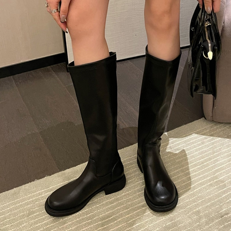 Thick Bottom Women's Shoes Autumn Winter Round Head Back Zipper Thick Heel Elastic High Tube Boots