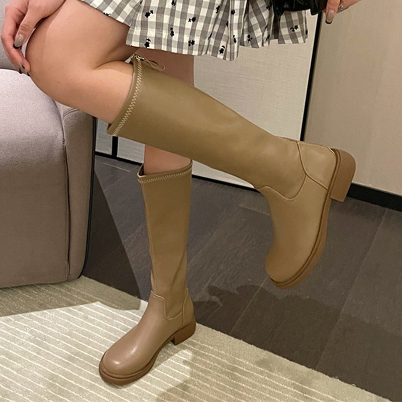 Thick Bottom Women's Shoes Autumn Winter Round Head Back Zipper Thick Heel Elastic High Tube Boots