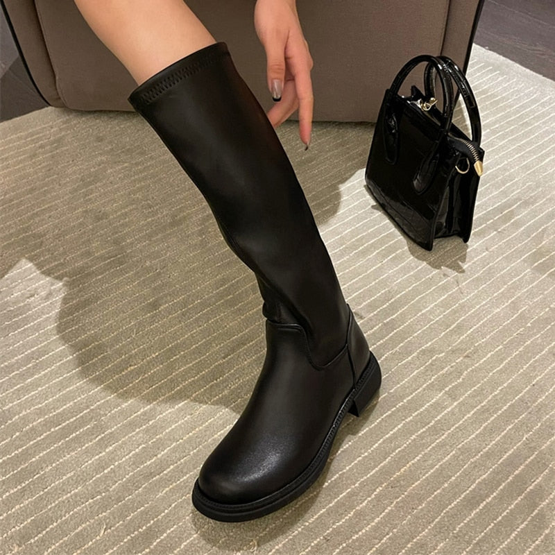 Thick Bottom Women's Shoes Autumn Winter Round Head Back Zipper Thick Heel Elastic High Tube Boots