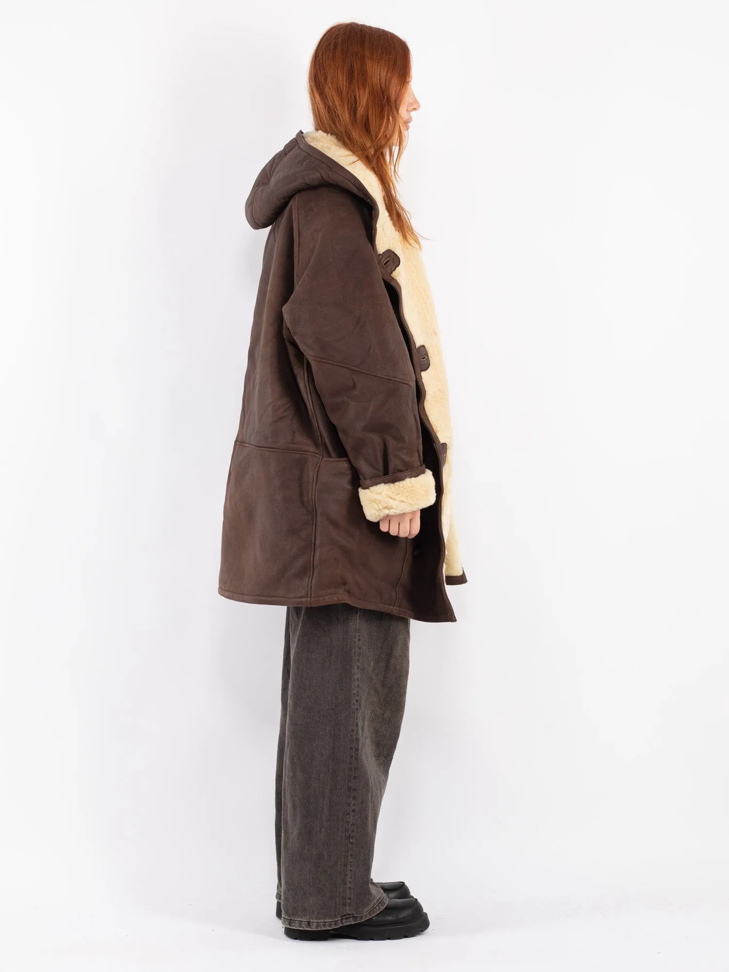 Vintage 80's Women Hooded Sheepskin Coat in Brown