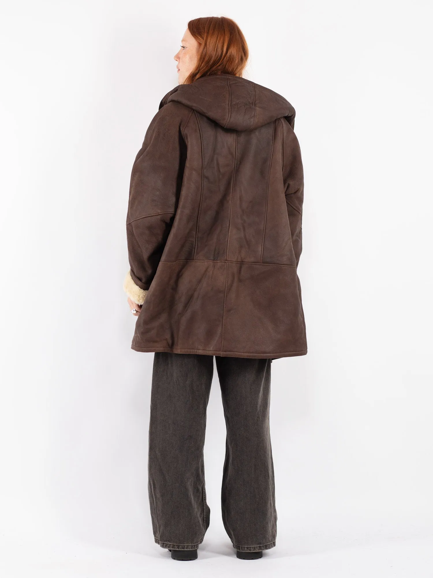 Vintage 80's Women Hooded Sheepskin Coat in Brown