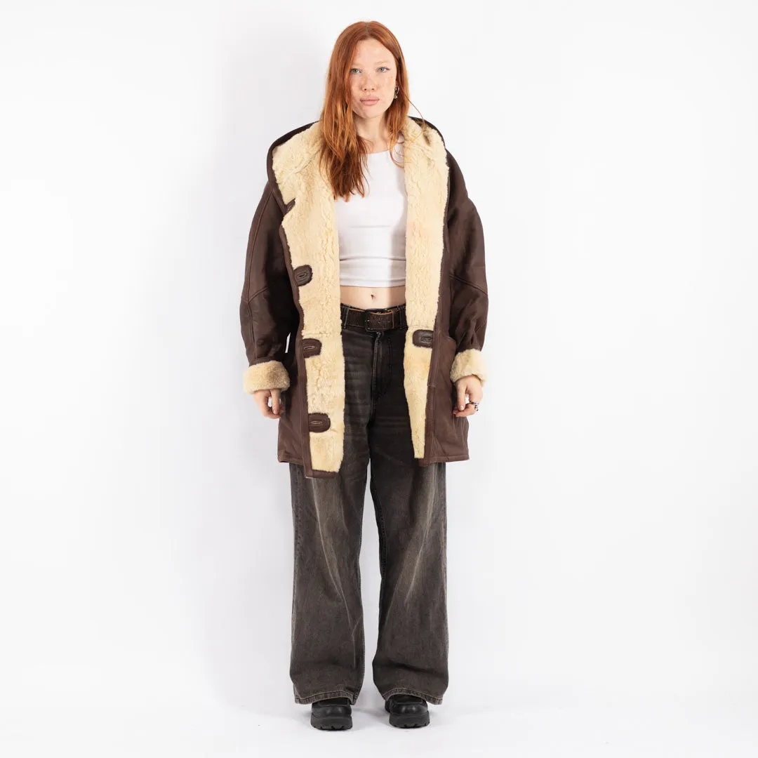 Vintage 80's Women Hooded Sheepskin Coat in Brown