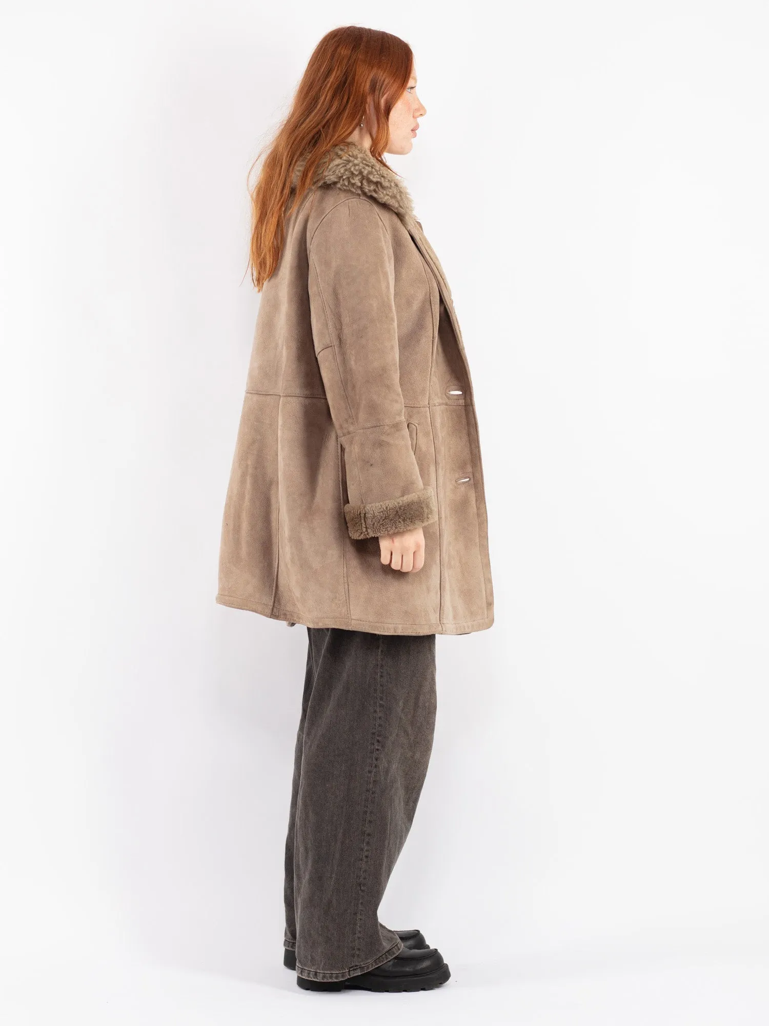 Vintage 90's Women Sheepskin Shearling Coat in Beige