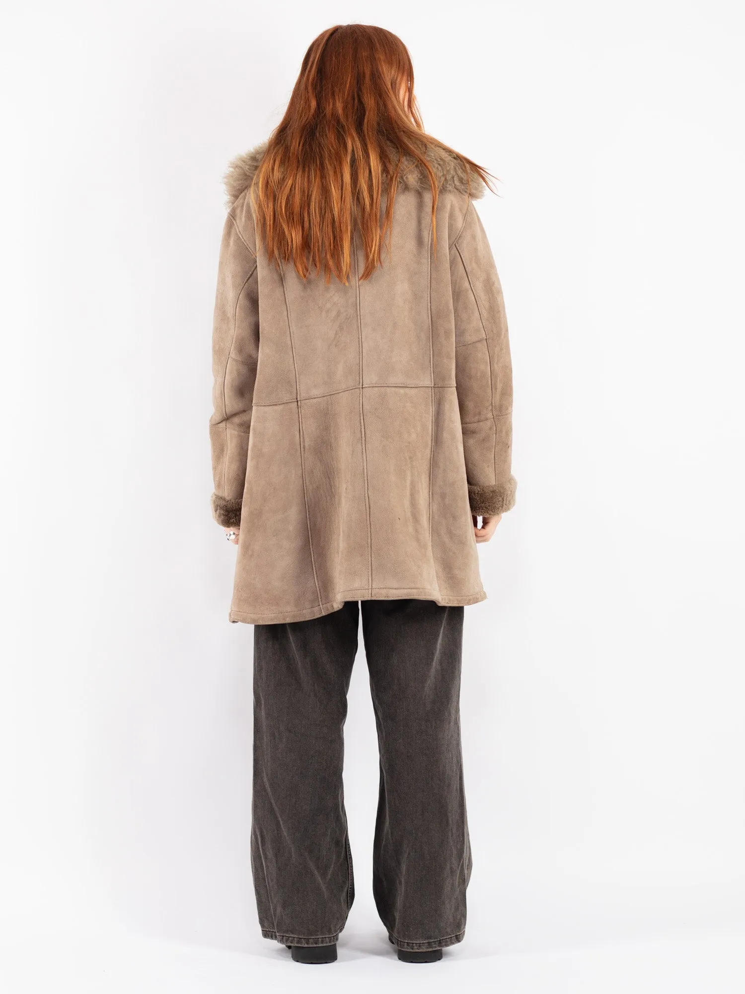 Vintage 90's Women Sheepskin Shearling Coat in Beige