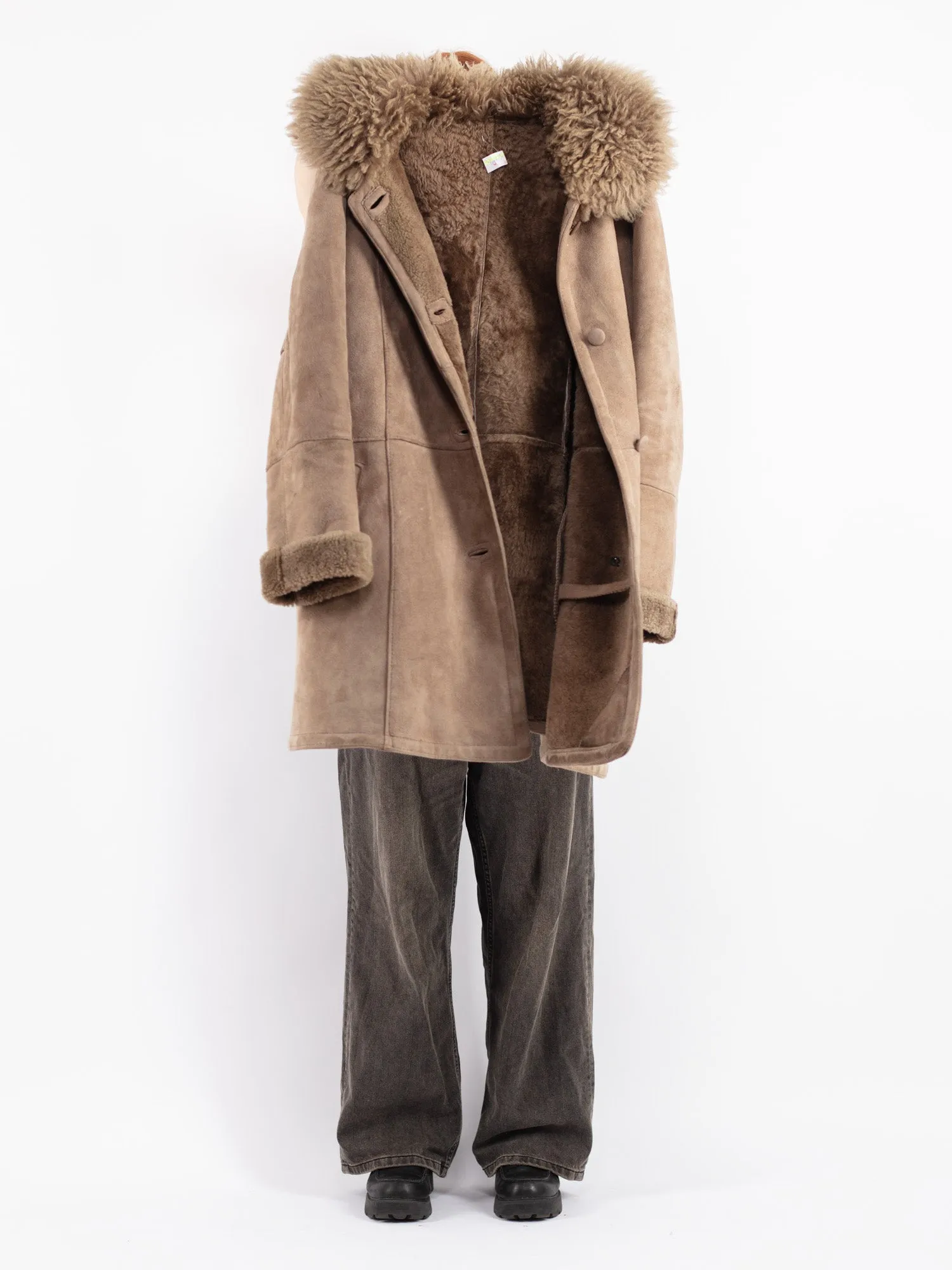 Vintage 90's Women Sheepskin Shearling Coat in Beige