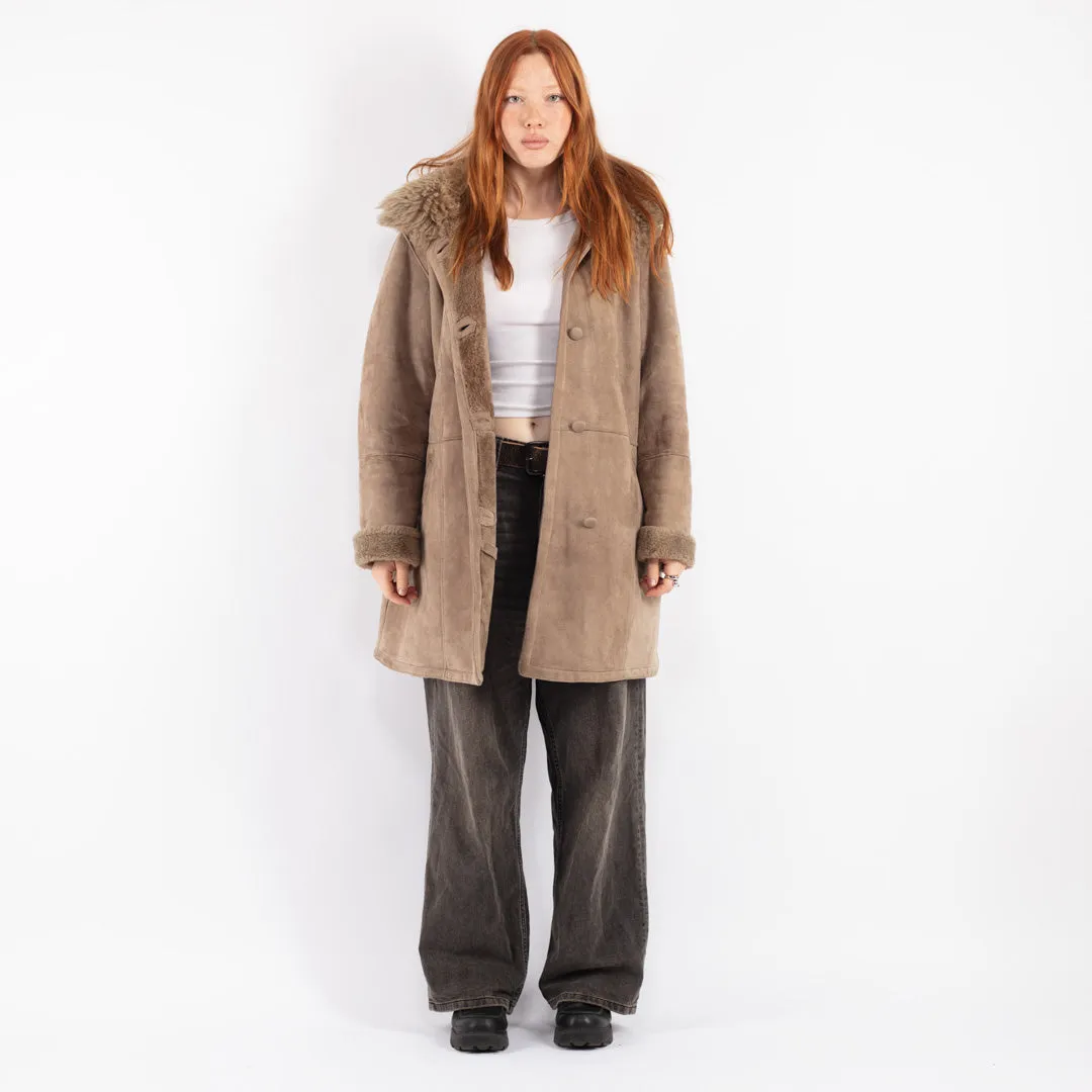 Vintage 90's Women Sheepskin Shearling Coat in Beige