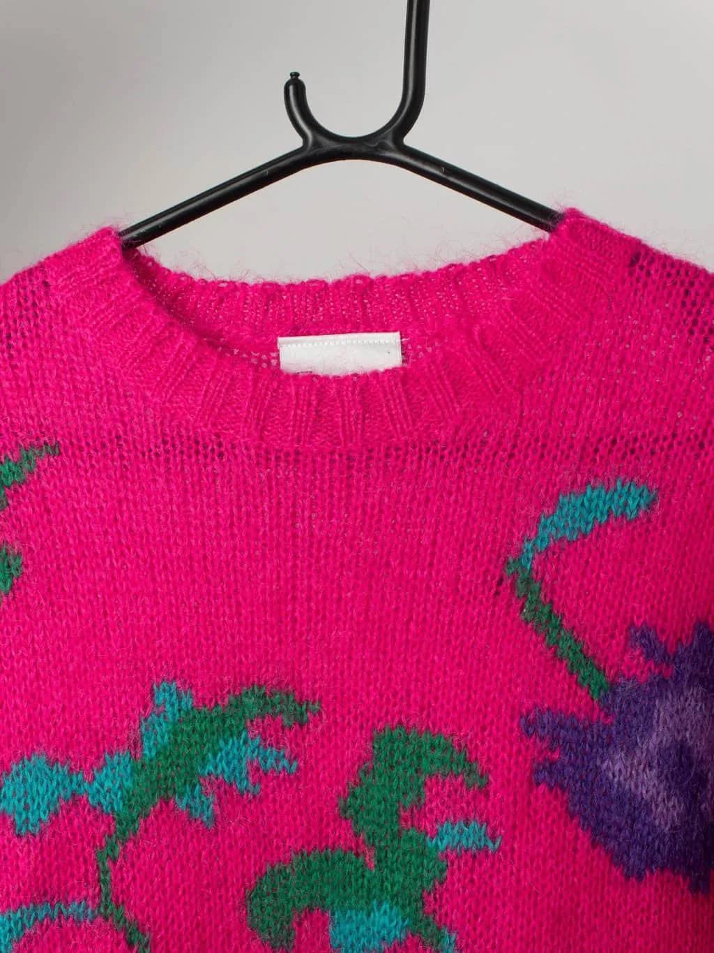 Vintage hot pink sweater dress with floral design – Medium