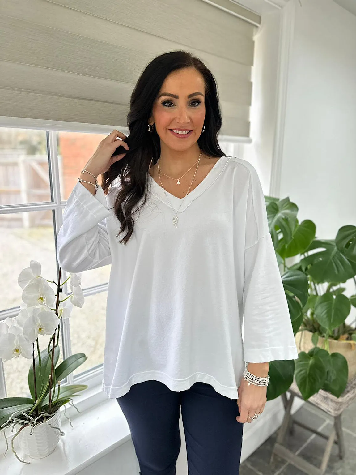 White Reverse Seam V Neck Sweat Top Harriet