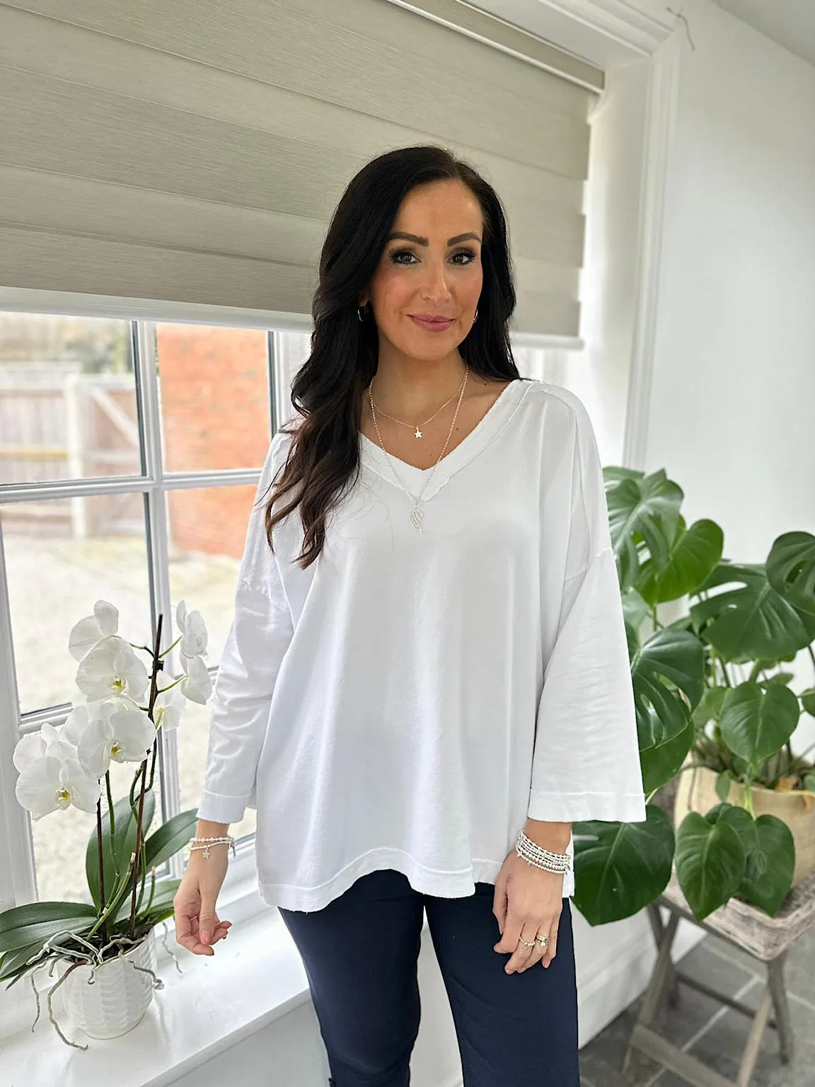 White Reverse Seam V Neck Sweat Top Harriet