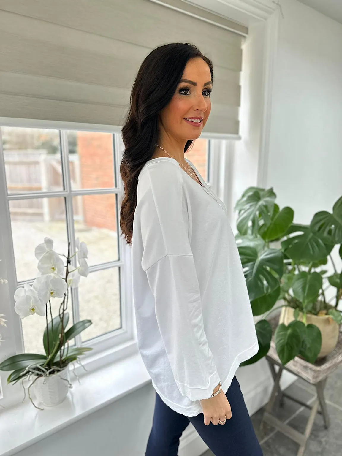 White Reverse Seam V Neck Sweat Top Harriet