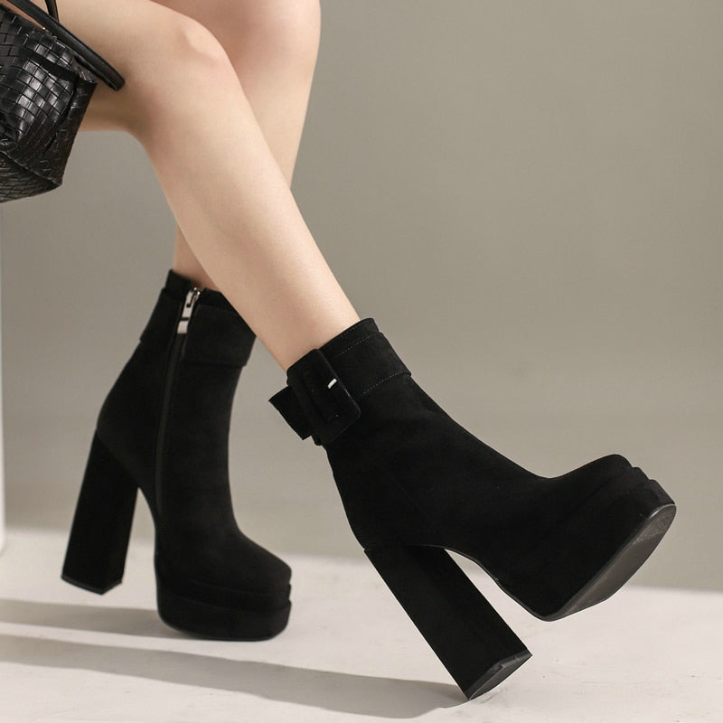 Women's Fashion Winter Zipper Buckles High Thick Ankle Heel Boots