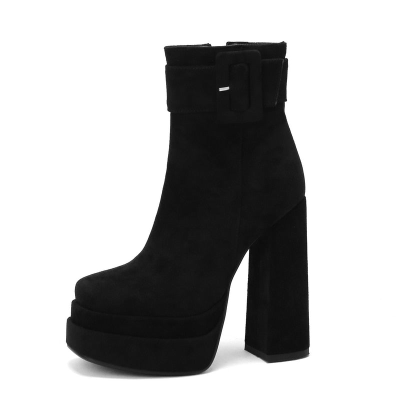 Women's Fashion Winter Zipper Buckles High Thick Ankle Heel Boots