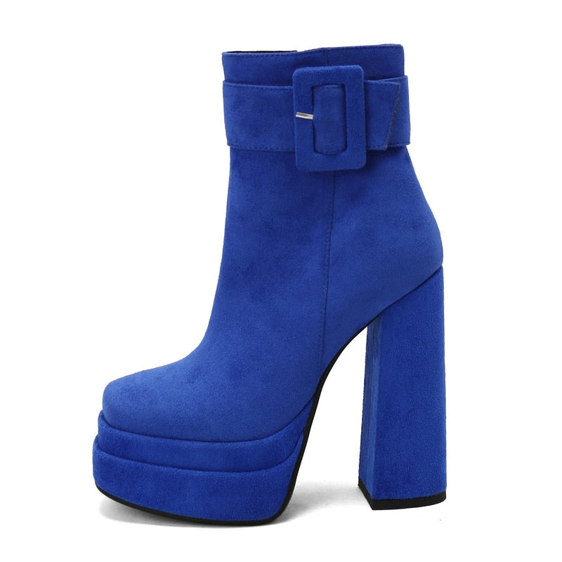 Women's Fashion Winter Zipper Buckles High Thick Ankle Heel Boots