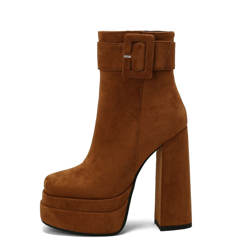 Women's Fashion Winter Zipper Buckles High Thick Ankle Heel Boots