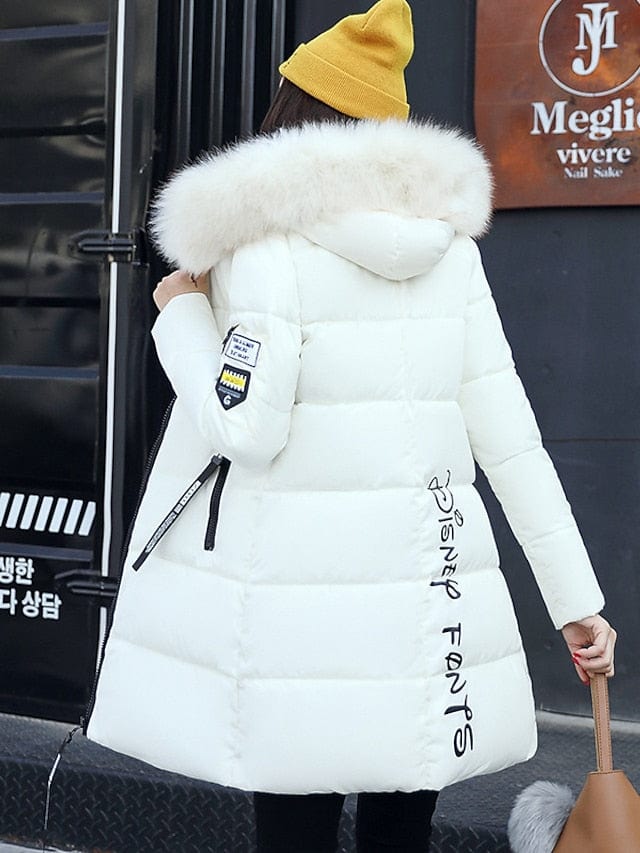 Women's Long Puffer Jacket with Fur Collar and Slim Fit