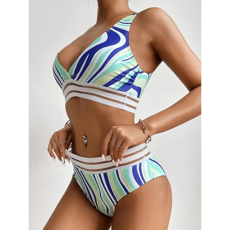 Women's Sexy Asymmetric Striped Pattern Printed Push Up Bikini Swimsuit