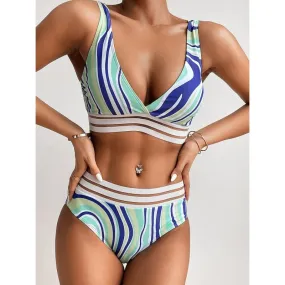 Women's Sexy Asymmetric Striped Pattern Printed Push Up Bikini Swimsuit