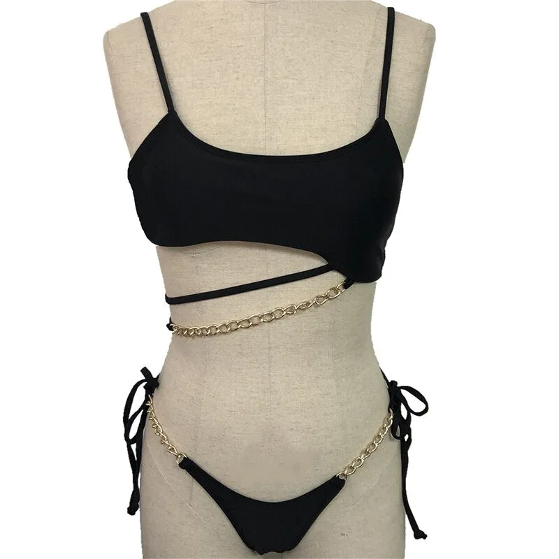 Women's Sexy Backless Solid Color String Metal Chain Bathing Swimsuit