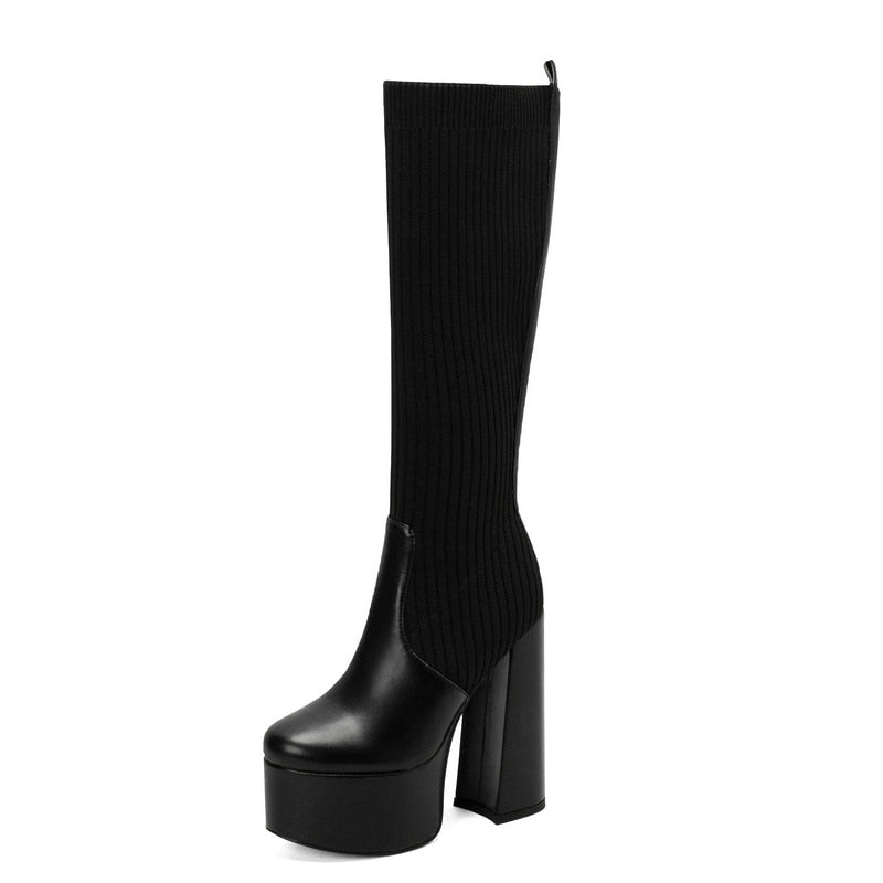 Women's Sexy Black Elastic Flock Knitted Wool Slim Fit Thighs High Boots