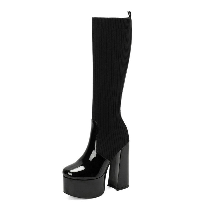 Women's Sexy Black Elastic Flock Knitted Wool Slim Fit Thighs High Boots