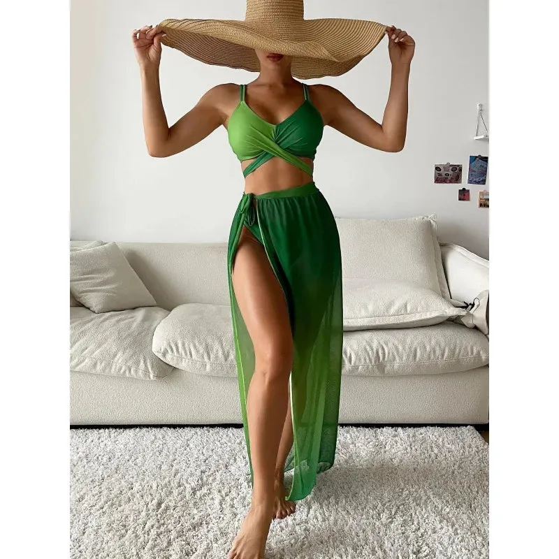 Women's Sexy Green Gradient Push-Up Bandage Cross 3-Piece Swimsuit