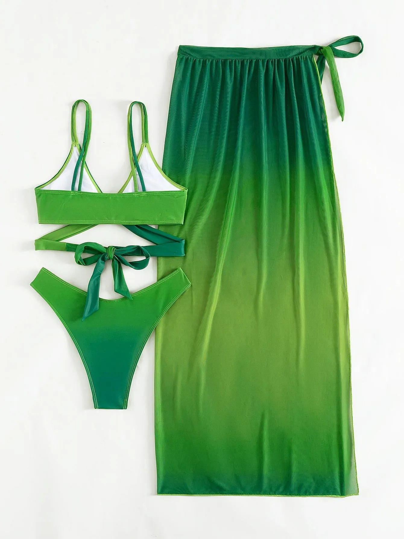 Women's Sexy Green Gradient Push-Up Bandage Cross 3-Piece Swimsuit