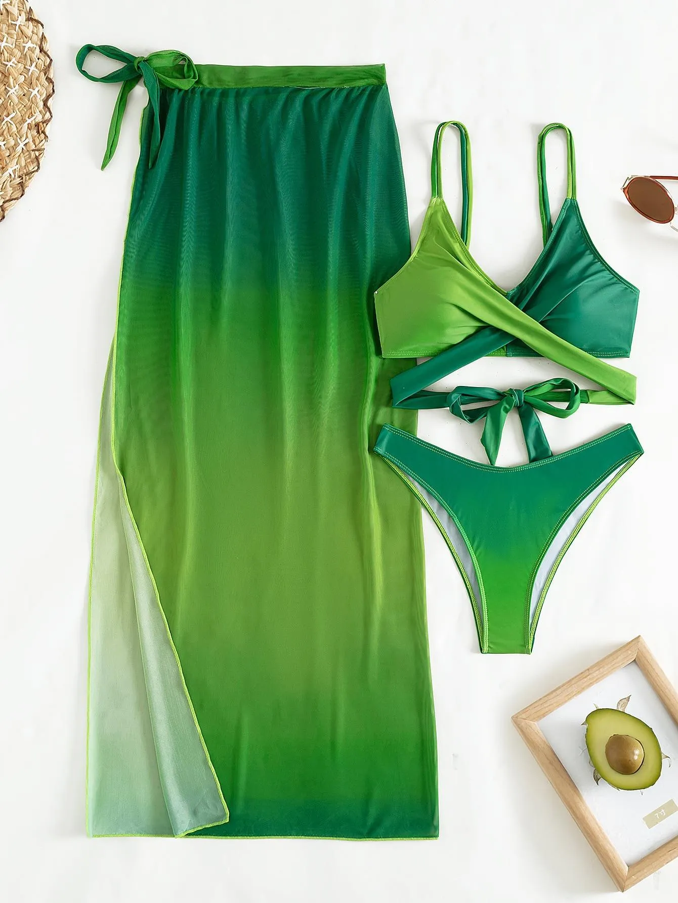 Women's Sexy Green Gradient Push-Up Bandage Cross 3-Piece Swimsuit