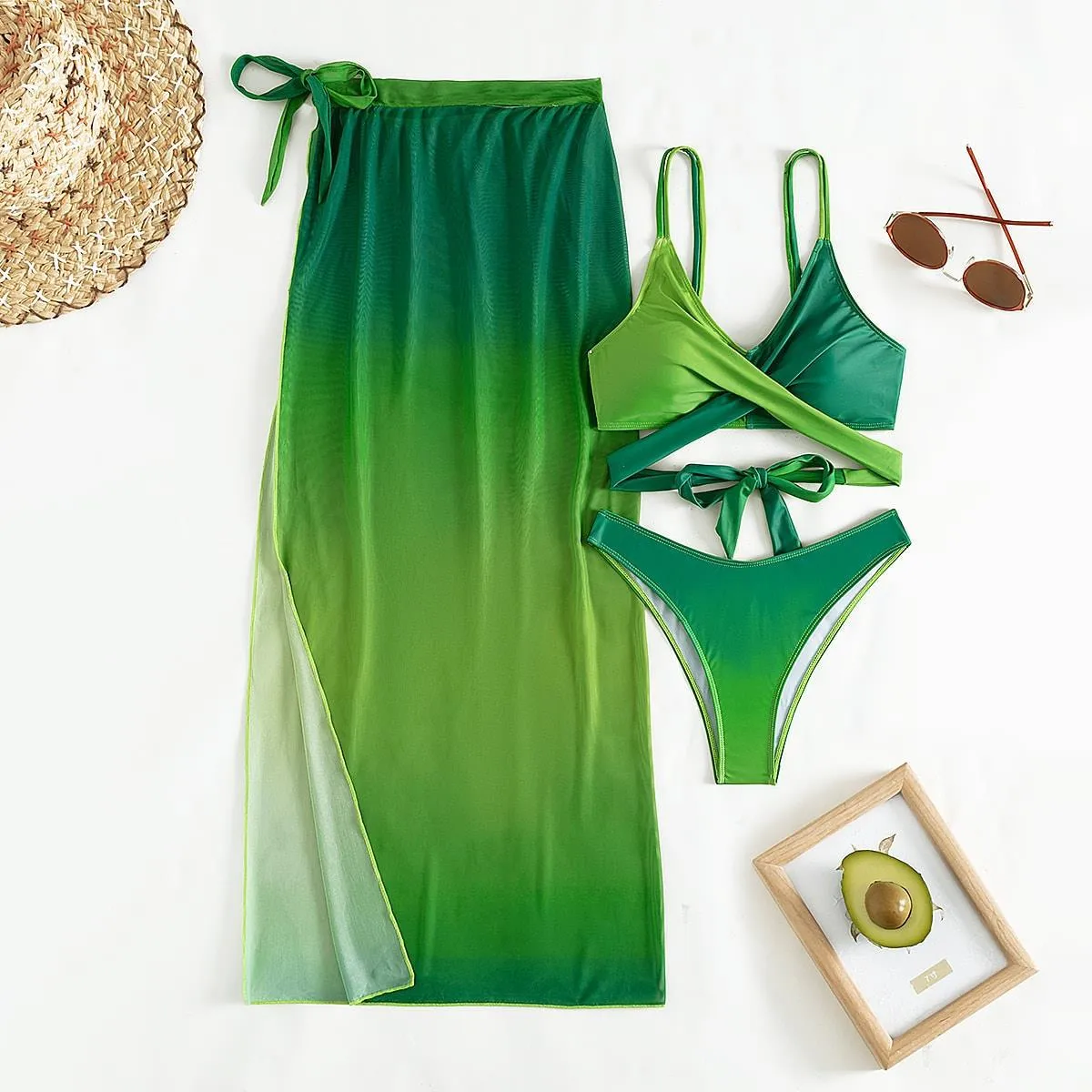 Women's Sexy Green Gradient Push-Up Bandage Cross 3-Piece Swimsuit