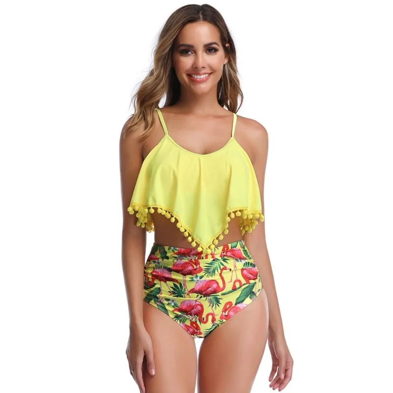 Yellow Sexy Ruffle Tassel Top and Printed High Waist Thong Bikini Set Swimsuit