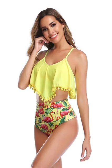 Yellow Sexy Ruffle Tassel Top and Printed High Waist Thong Bikini Set Swimsuit