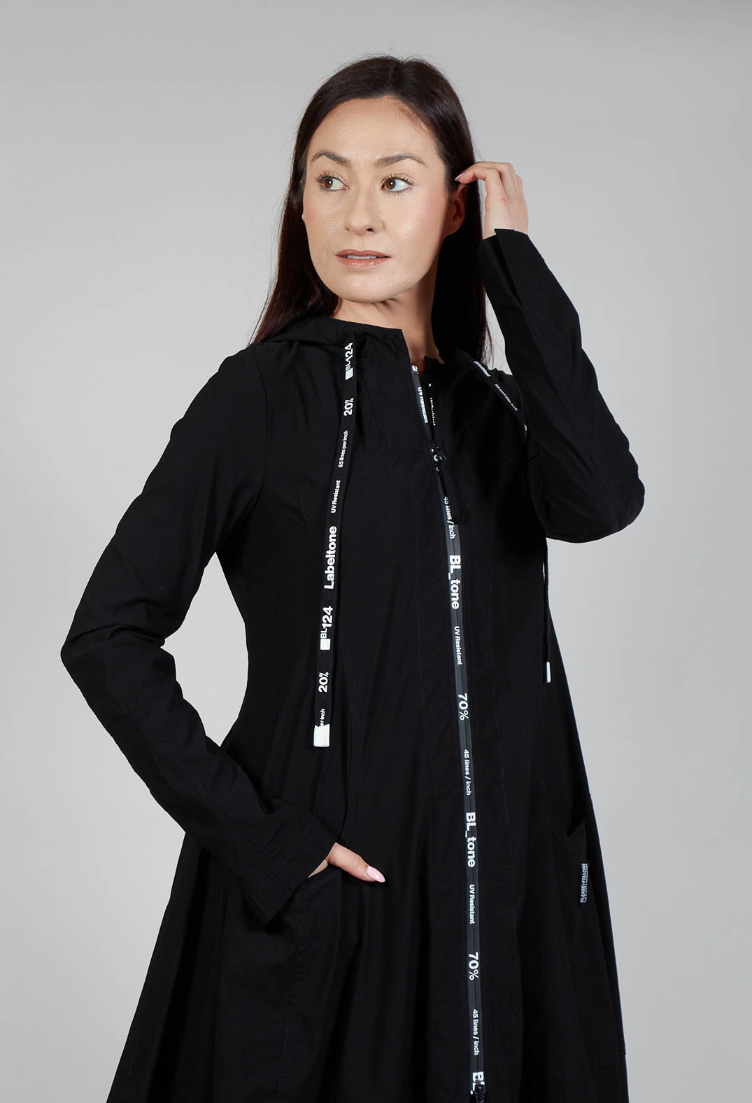 Zip Through Coat with Hood in Black